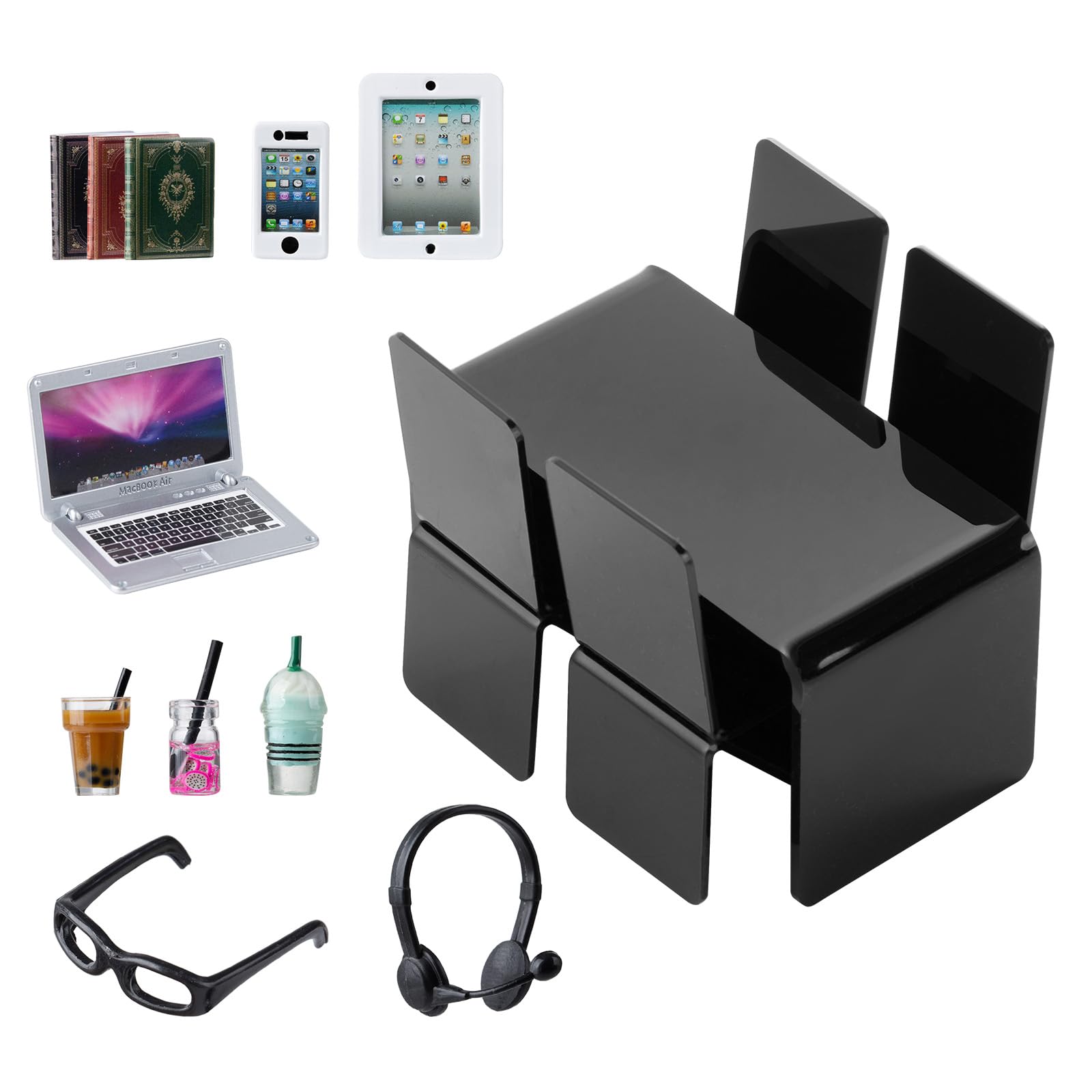 16Pcs Miniature Laptop Computer Tablet Toy Phone Pad with Coffee Juice Doll Accessories - 1/6 & 1/12 Scale Mini Chairs, Table, Glasses & Headset Playset for Girls - Perfect for Dollhouse Scenes & Smart Toy Simulation