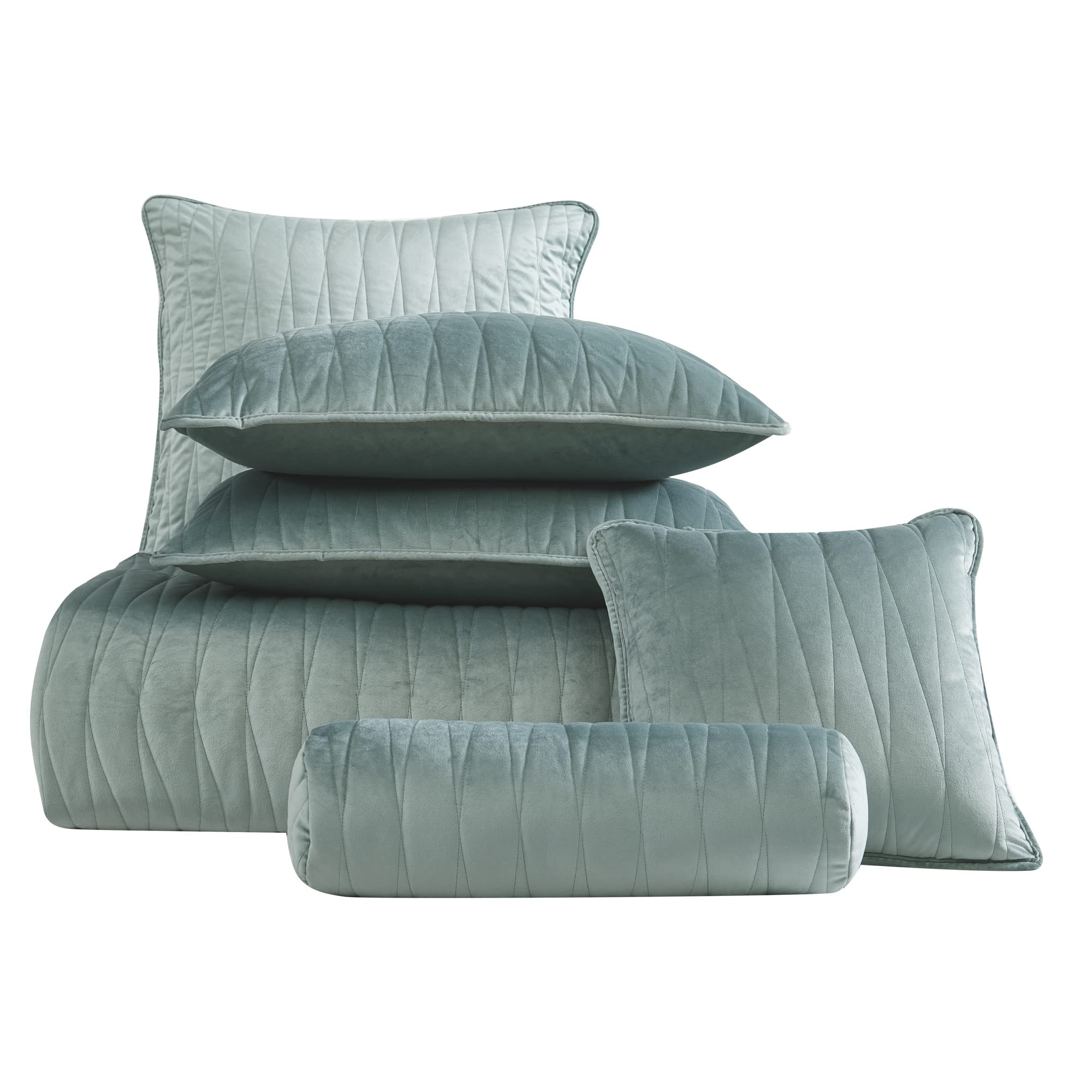 Brielle Home Premium Heavy Velvet Quilt Set with Cotton Backing - Full/Queen Size Seafoam Green - Luxurious Bedding for Master Bedroom, Guest Room & Cozy Winter Nights