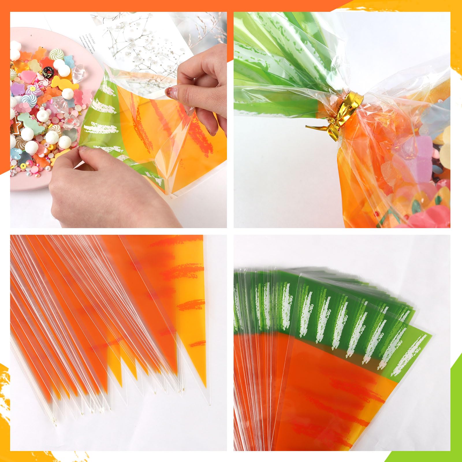 CCINEE 100 Pcs Easter Carrot Shaped Candy Bags - Translucent Cone Treat Bags with Twist Ties for Easter Party Favors, Gift Wrapping & Home Decor | Perfect for Easter Egg Hunts, Classroom Treats & Spring Celebrations