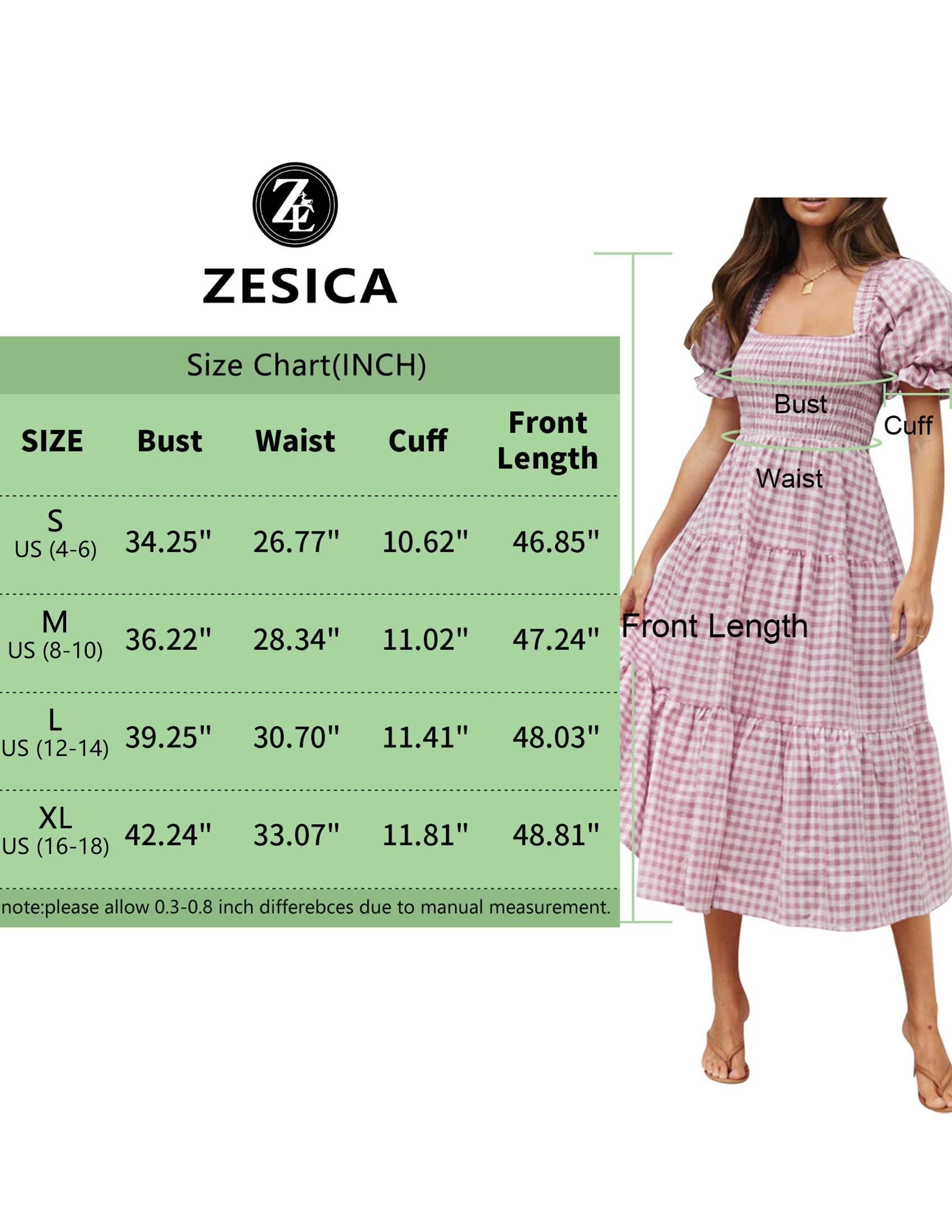 ZESICA Women's 2025 Bohemian Summer Dress - Plaid Square Neck, Puff Sleeve & Ruffle Flowy Midi Dress for Beach, Vacation & Casual Wear