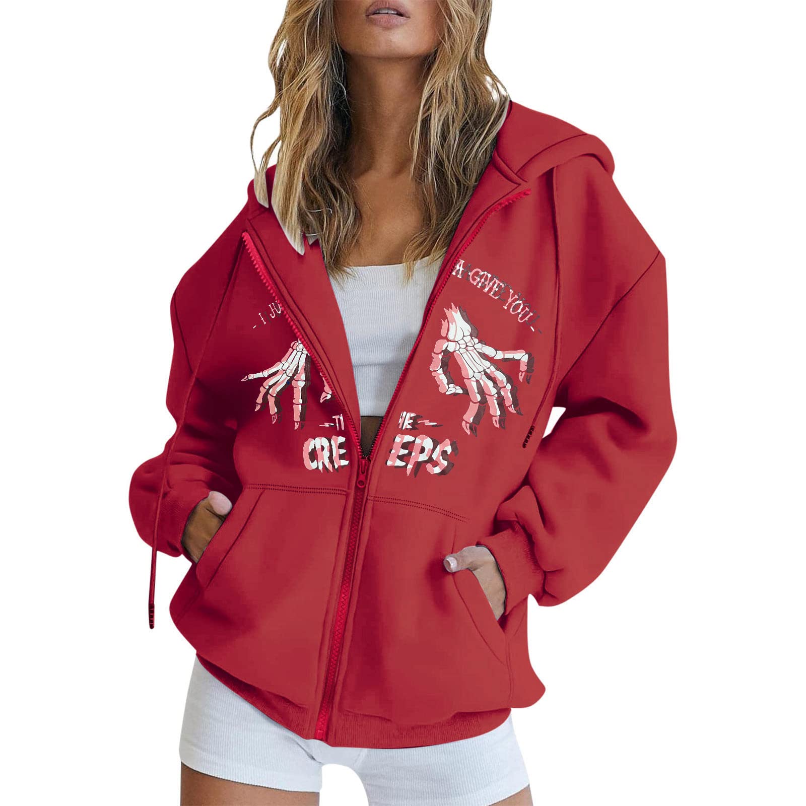 Women's Fleece Zip Hoodie with Pockets - Cozy Letter Print Pullover Sweatshirt for Casual Wear, Halloween Outfits & Fall Fashion