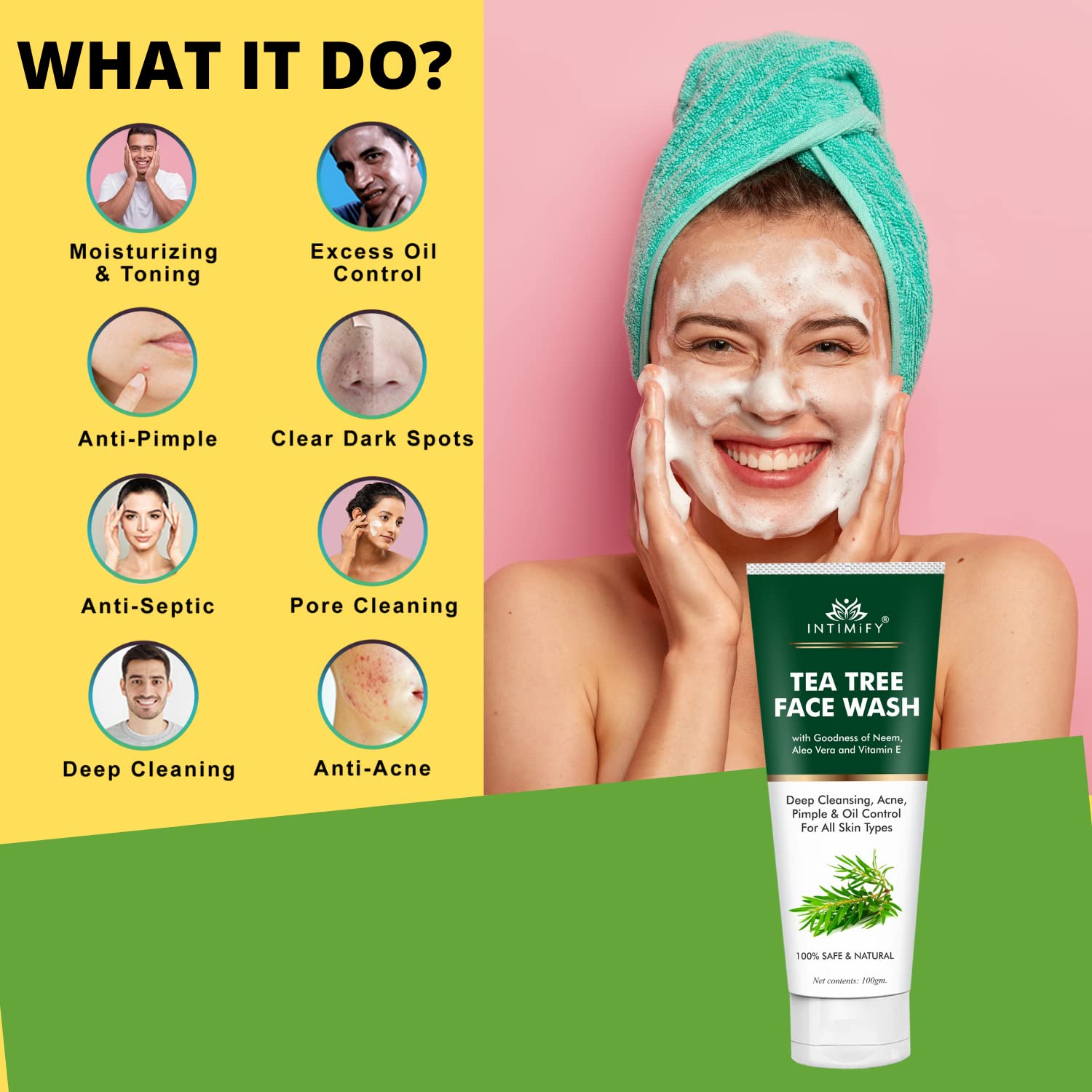 INTIMIFY Tea Tree & Neem Face Wash for Acne-Prone & Oily Skin - Brightening & Lightening Formula - 100g (Pack of 1) - Gentle Daily Cleanser for Clear, Glowing Skin at Home or Travel