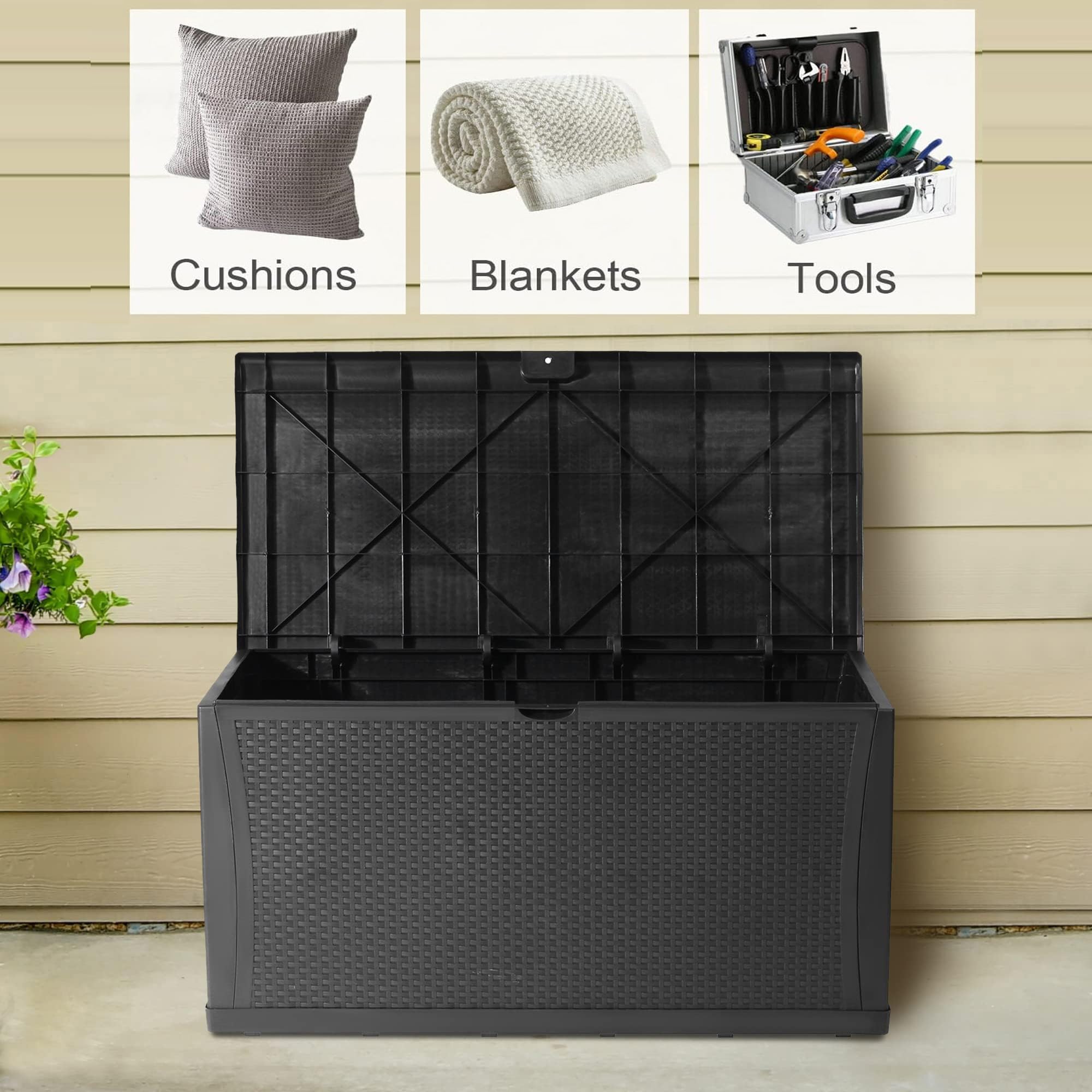 LUCKYERMORE 120 Gallon Large Outdoor Deck Box - Waterproof, Lockable Storage Container for Patio, Garden & Backyard - Heavy-Duty Resin Rattan Design - Perfect for Cushions, Toys & Pool Accessories