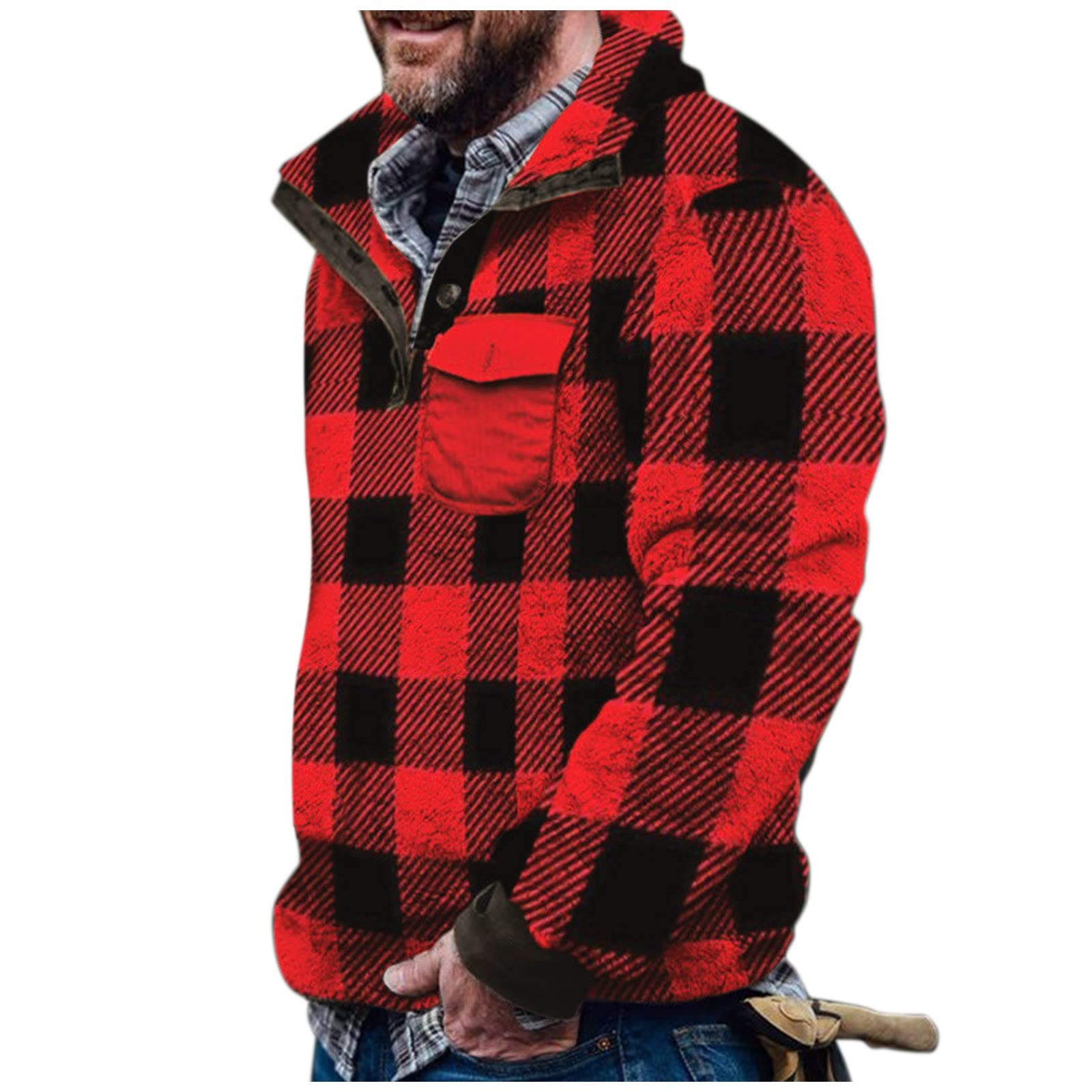 Men's Plaid Turtleneck Fleece Sweater - Soft Button-Up Pullover with Pocket | Winter Warmth & Casual Style for Office, Dating & Outdoor Activities