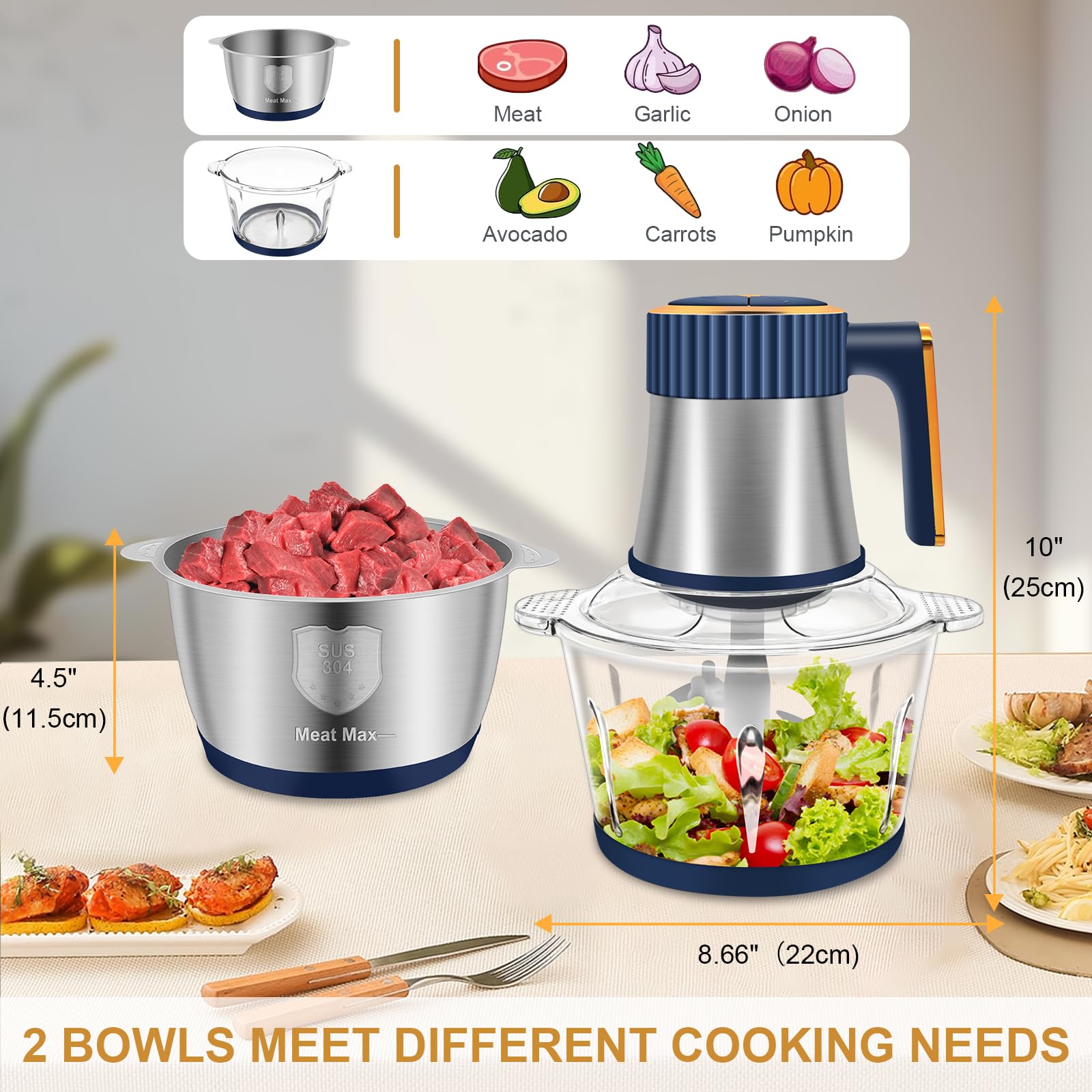 **300W Electric Food Processor - 5 Speed Meat Grinder & Vegetable Chopper with 2 (8 Cup) Bowls & 4 Bi-Level Blades - Perfect for Chopping Onions, Garlic, Nuts, Meat & Making Baby Food - Ideal for Home Cooking, Meal Prep & Healthy Recipes (Blue, 2L Capacity)**