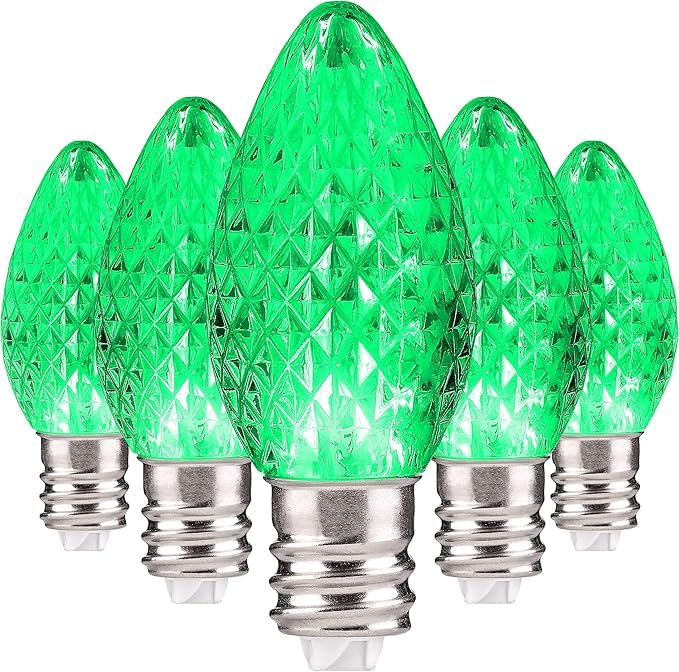 Green LED C7 Christmas Lights - Set of 25 Faceted Bulbs with 2 SMD LEDs for Indoor & Outdoor Holiday Decor | Energy-Efficient Warm White Lighting for Trees, Roofs, Windows & Holiday Displays