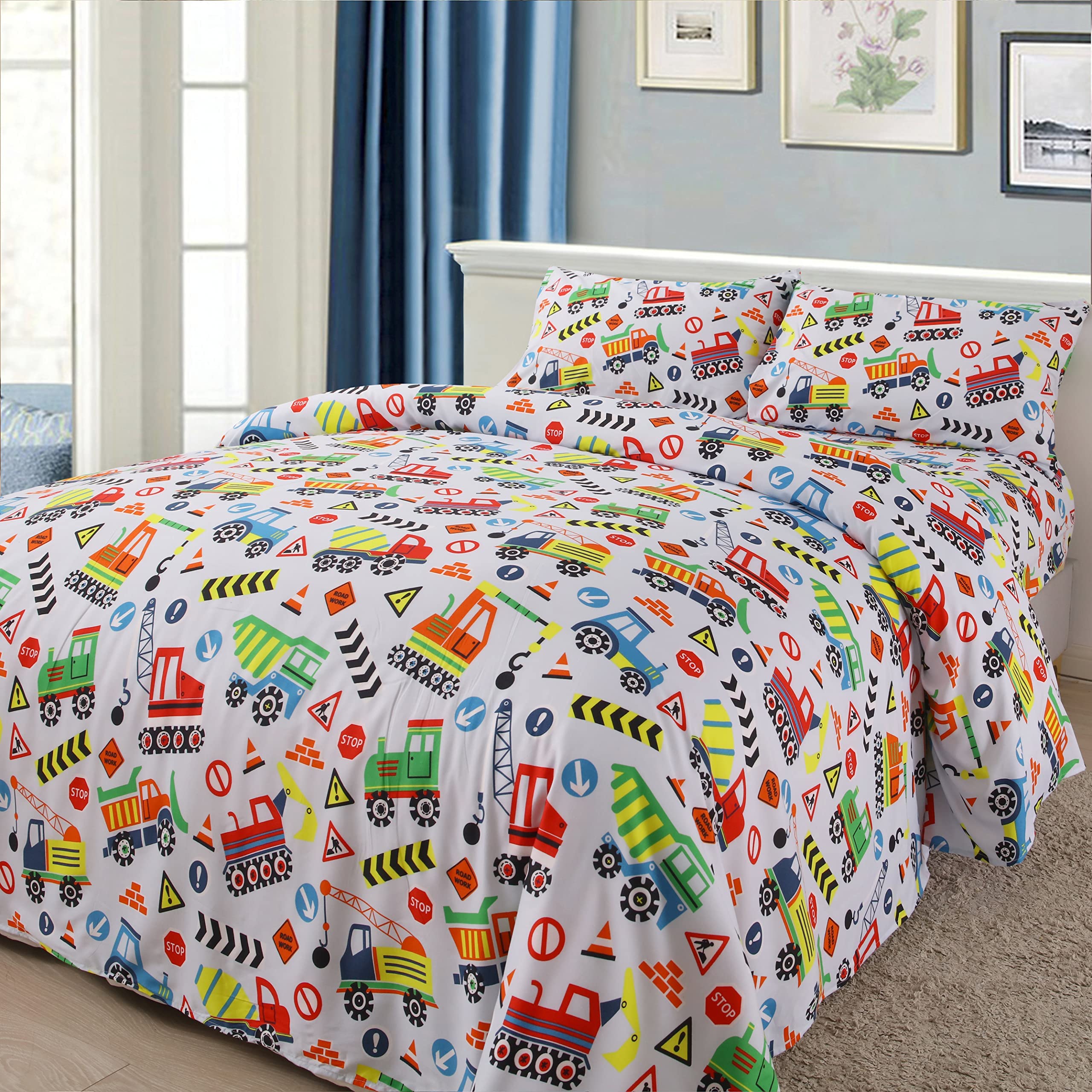 LinenTopia 4-Piece Queen Size Construction Trucks Bedding Set - Fitted Sheet, Flat Sheet & 2 Pillowcases - Boys Kids Room Decor - Perfect for Toddler Bedrooms, Sleepovers & Themed Nursery Decor