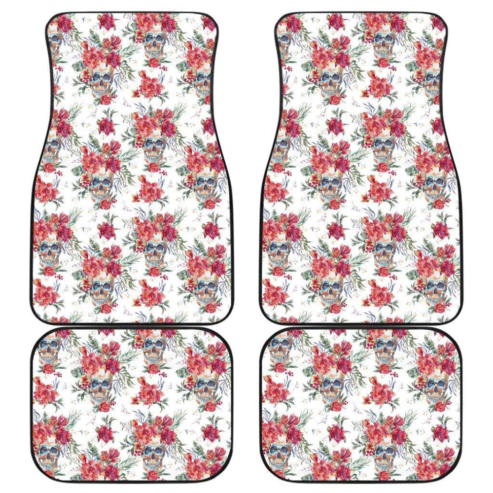 4 Pcs Floral Sugar Skull Car Mats - Non-Slip Floor Mats for Cars, Trucks & SUVs - Perfect for Day of the Dead Decor & Mexican Themed Parties