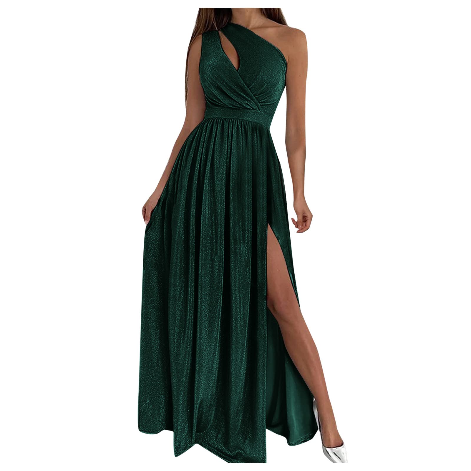 Elegant One Shoulder Long Cocktail Dress for Women - Floral Evening Party Dress with Slit & Pockets | Cotton Formal Gown for Weddings, Galas & Special Occasions
