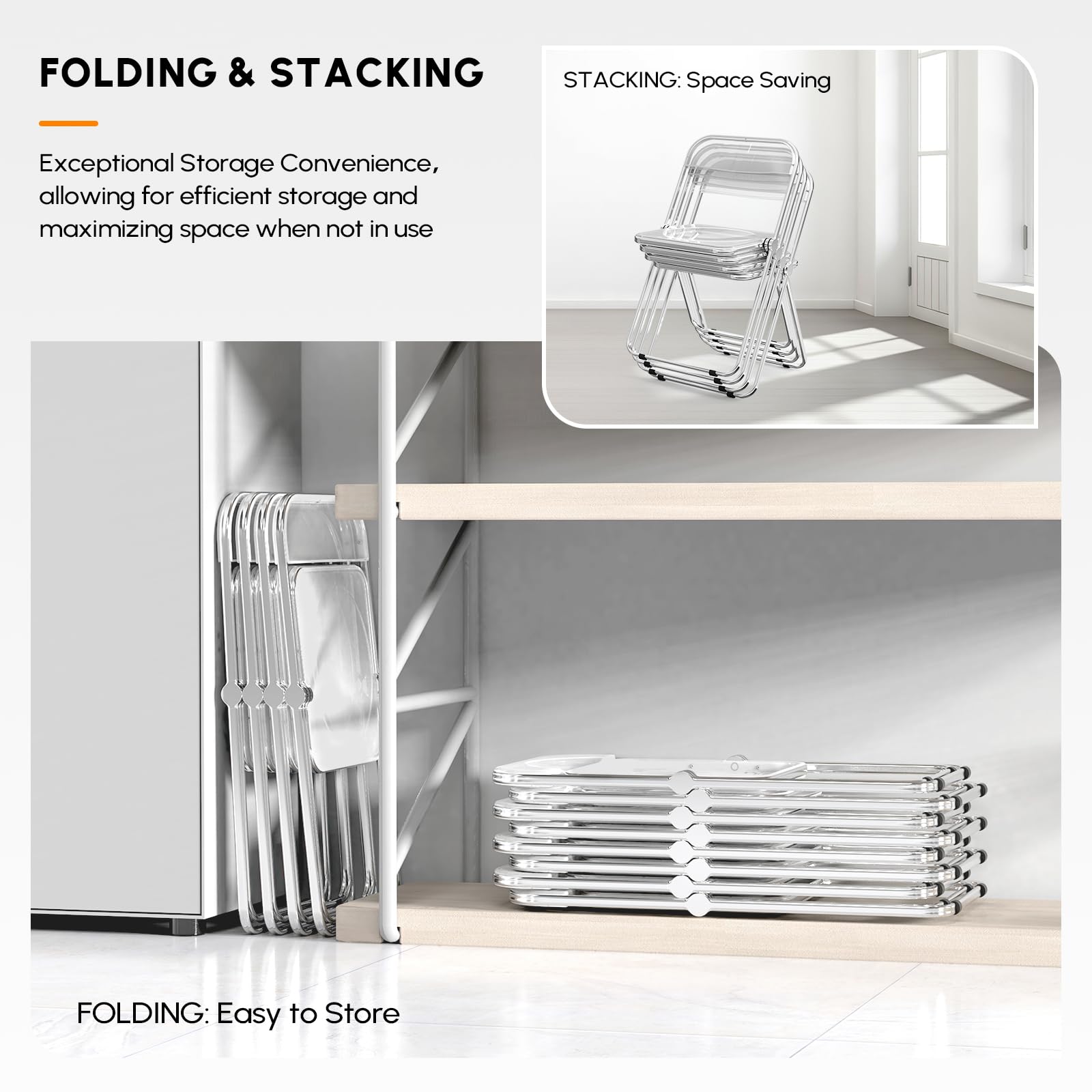 VINGLI 2 Pack Clear Acrylic Folding Chairs - Stackable Plastic Chairs with Metal Chrome Frame, 350 lbs Weight Capacity - Perfect for Weddings, Parties, Events & Outdoor Gatherings