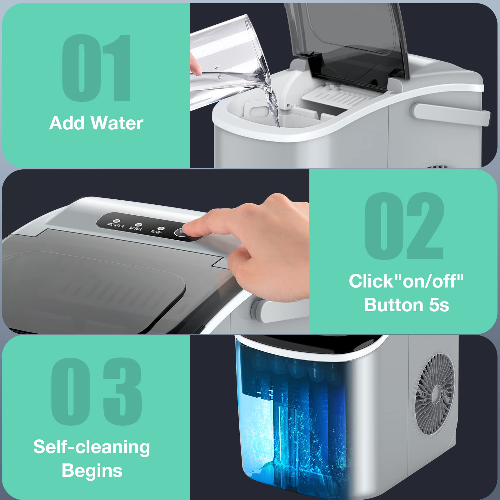 Portable Countertop Ice Maker Machine - 9 Ice Cubes in 6 Minutes, 26.5lbs/24H, Self-Cleaning with Ice Scoop & Basket - Perfect for Home Kitchen, Office, RV, Camping & Outdoor Parties