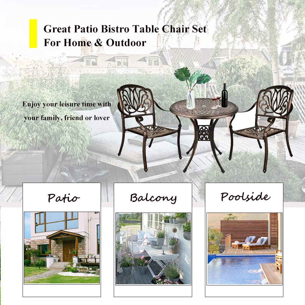 3-Piece Cast Aluminum Bistro Set with 2 Arm Chairs & Umbrella Hole - Antique Bronze Finish Patio Furniture for Outdoor Dining, Garden, Balcony or Poolside (Flower Pattern Table + 2 Chairs) | Perfect for Small Spaces, Morning Coffee & Relaxing Outdoors