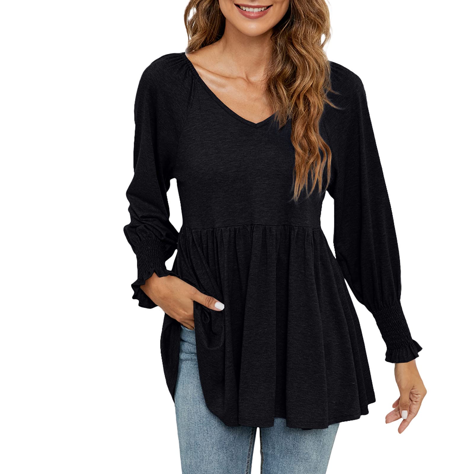 TAPIYANG Women's V-Neck Smocked Long Sleeve Blouse - Pleated Flowy Tunic Top, Solid Color Loose Fit Casual Shirt | Perfect for Work, Date Night & Everyday Wear