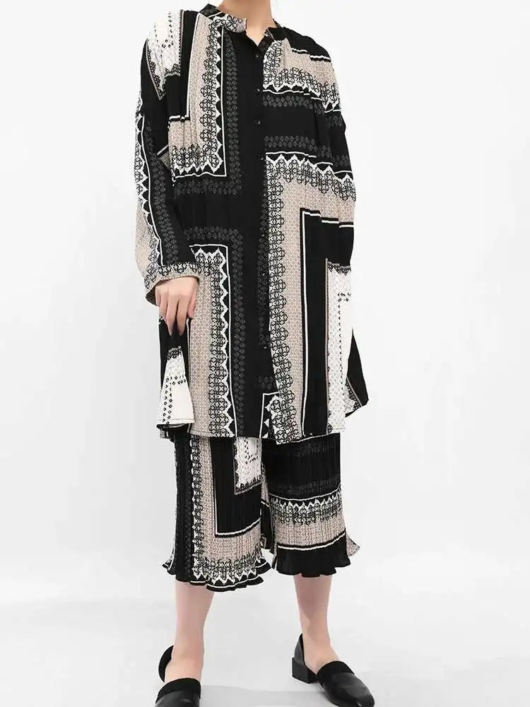 Big Size Printed Pleated Shirt Pants Two Piece Suit for Women - 2025 Spring Autumn Fashion Round Neck Long Sleeve Outfit (Style 3AJ915) | Office Wear, Casual Chic, Party Outfits