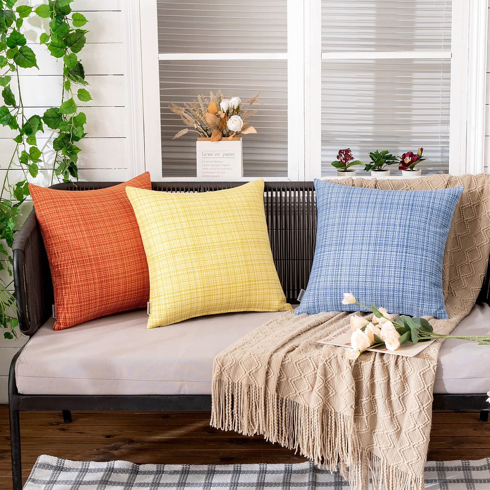 MIULEE Waterproof Outdoor Throw Pillow Covers 16x16 Inch - Farmhouse Decorative Cushion Covers for Patio, Garden, Sofa & Tent - Set of 2 Yellow - Perfect for Outdoor Furniture, Camping & Home Decor
