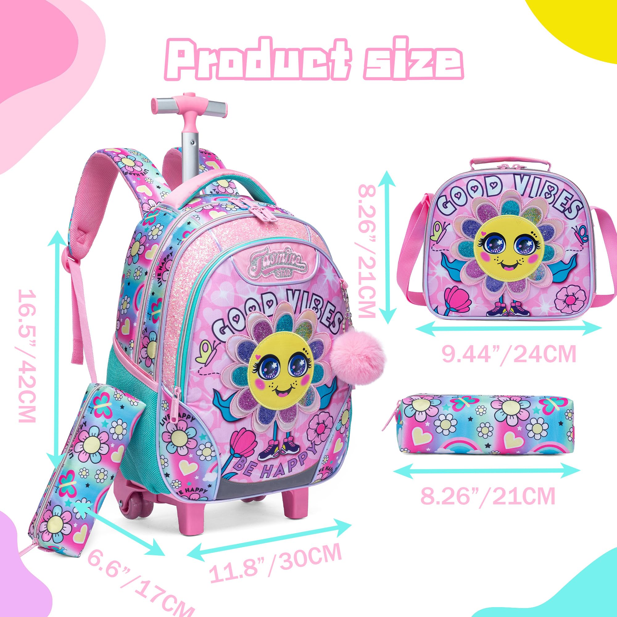 Meetbelify 3-in-1 Rolling Backpack for Girls Age 8-10 - Wheeled School Backpack with Lunch Box & Pencil Case, Convertible Carry-On Travel Luggage for Elementary & Preschool Students - Perfect for School, Travel & Daily Commute