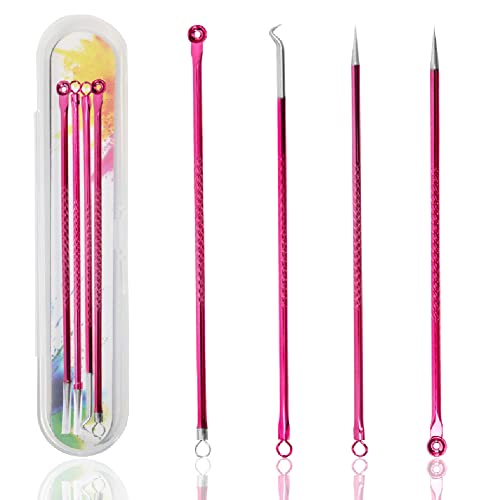 4Pcs Blackhead Remover Pimple Popper Tool Kit - Professional Comedone Extractor & Acne Treatment Tools for Whitehead & Zit Removal - Rose Red Facial Care Set for Nose, Face & Body - Perfect for Home Spa & Skincare Routine