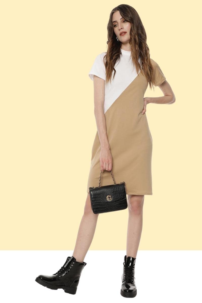 Elegant Short Sleeve Sheath Dress for Women - Color Block Cocktail Party Dress with Pockets | Perfect for Date Night, Office Wear & Special Occasions