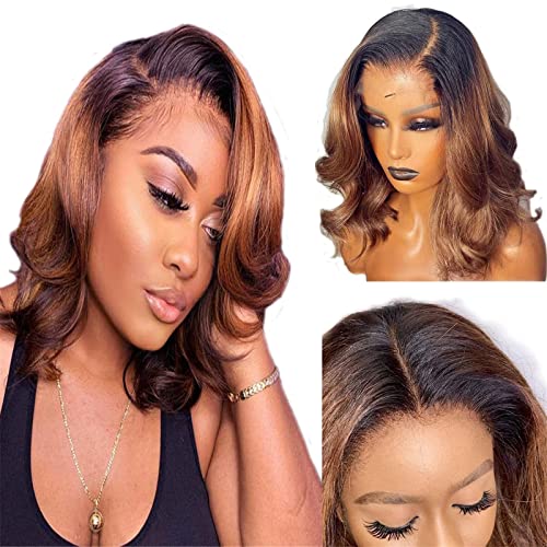 13x4 Lace Front Wigs Human Hair - Ombre Wavy Bob Wig with Baby Hair & Pre Plucked Hairline | Glueless Short Body Wave Bob Wig for Black Women | Perfect for Daily Wear, Parties & Special Occasions