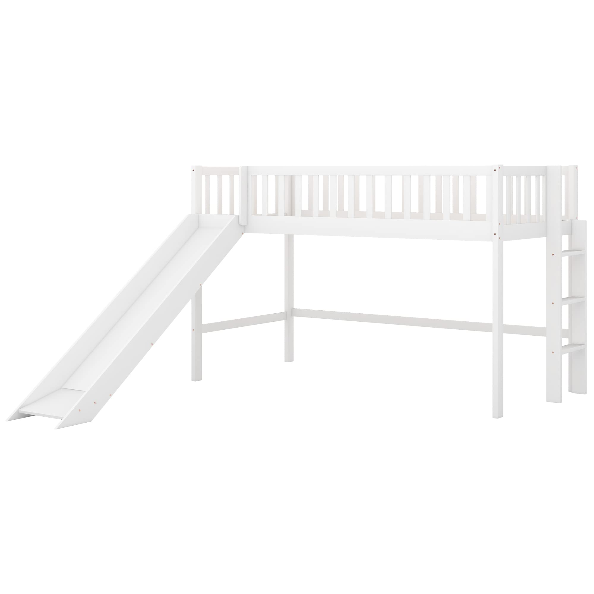 P PURLOVE Modern Twin Low Loft Bed with Detachable Slide - Wooden Loft Bed Frame with Ladder & Safety Rails - Space Saving Kids Bedroom Furniture for Small Rooms, Dorms & Playrooms - White