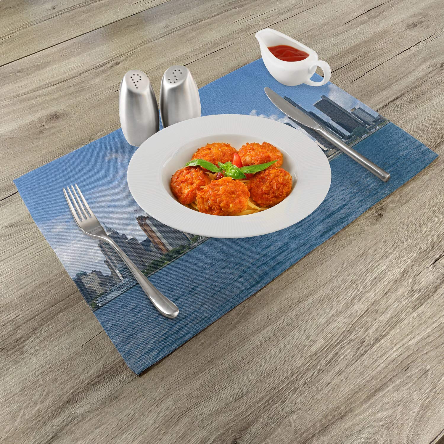 Ambesonne Detroit Placemats Set of 4 - Waterproof Washable Fabric Place Mats with Downtown Detroit GM Renaissance Center Design - Perfect for Dining Room, Kitchen Table Decor in Pale Blue White Grey - Ideal for Dinner Parties, Family Gatherings & Holiday Meals