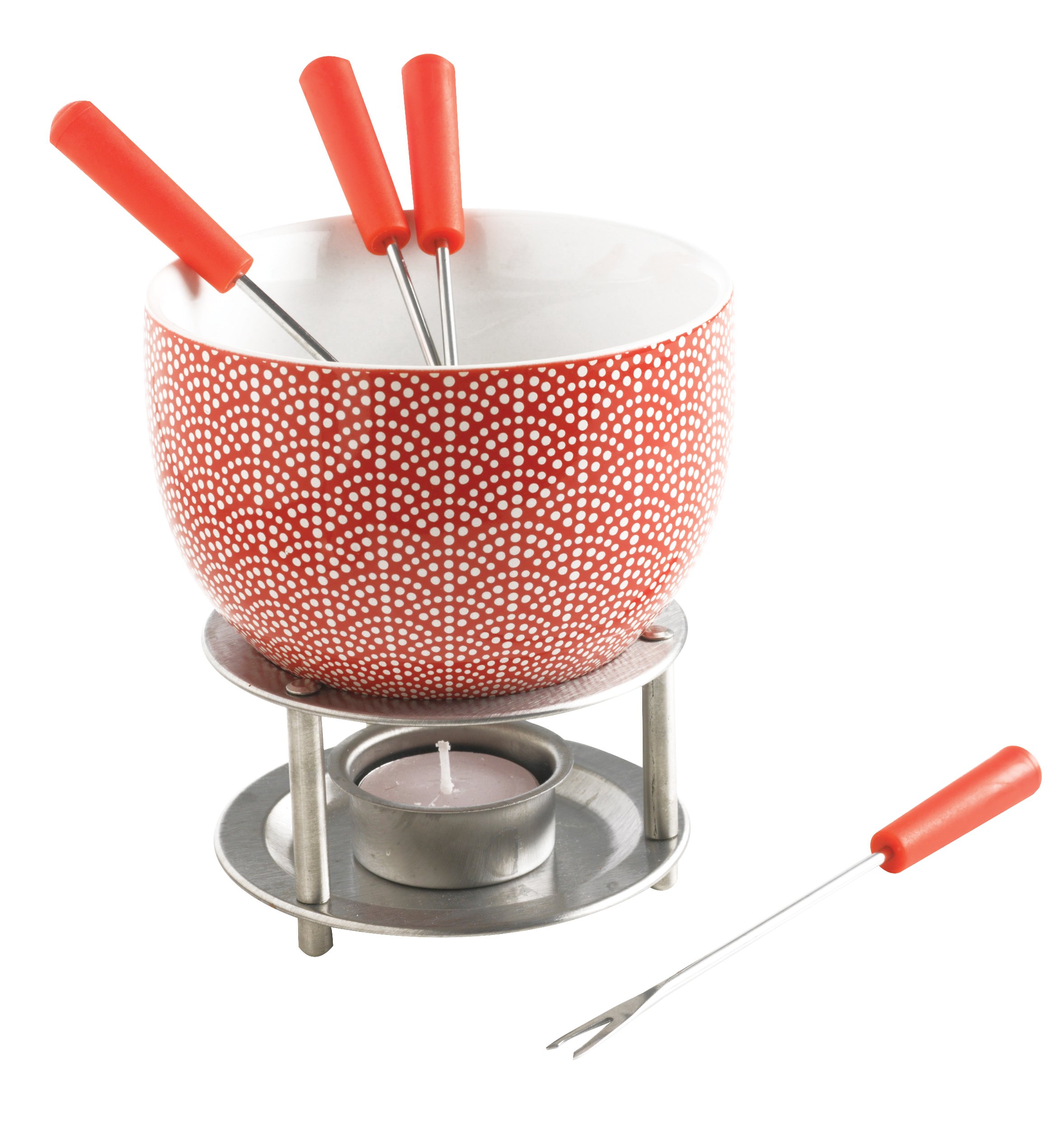 Mastrad Fondue Set with Ceramic Pot & Stainless Steel Forks - Complete Kit Includes Tealight Holder, Candle & Warming Stand - Perfect for Melting Chocolate, Cheese, Caramel - Ideal for Romantic Dinners, Family Gatherings & Holiday Parties