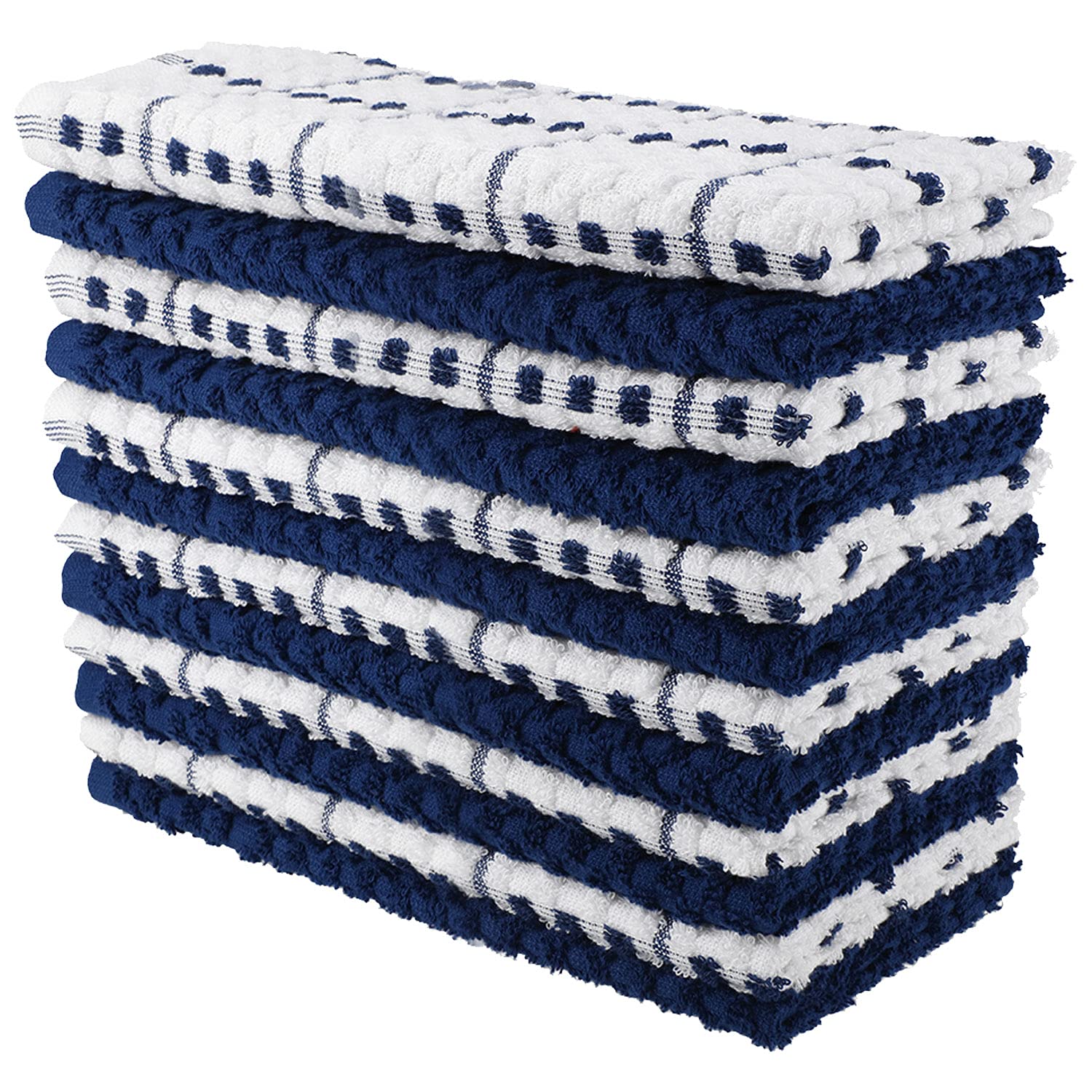 Premium 100% Ring Spun Cotton Kitchen Towels - 15x26 Inches, Pack of 12 - Ultra Soft & Absorbent Dish Towels, Tea Towels & Bar Towels in Navy Solid & Check Patterns - Perfect for Kitchen Cleaning, Drying Dishes & Bar Use