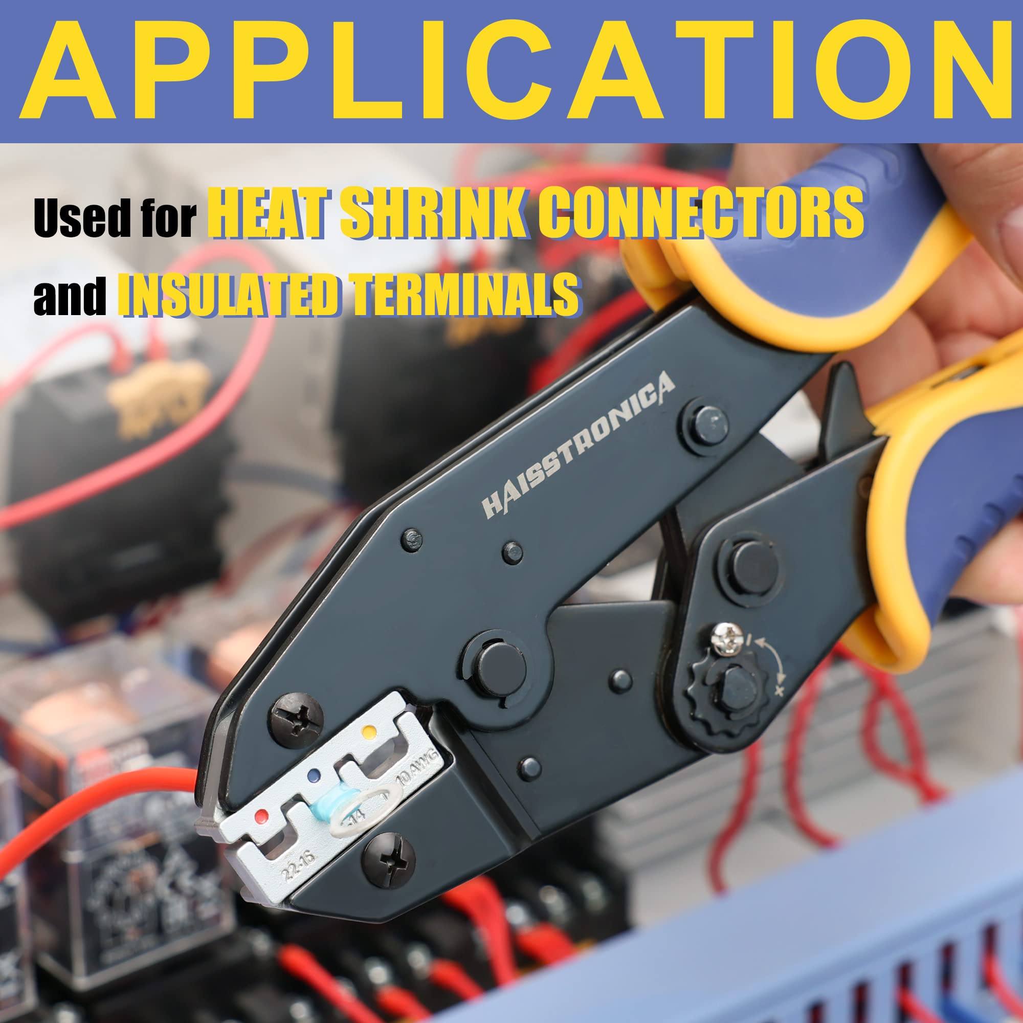 Haisstronica Ratcheting Crimping Tool for Heat Shrink Connectors - AWG 22-10 Wire Terminal Crimper - Professional Electrical Crimper for Insulated Nylon & Electrical Wire Connectors (HS-8327) - Perfect for Automotive Wiring, Marine Applications & DIY Electrical Projects