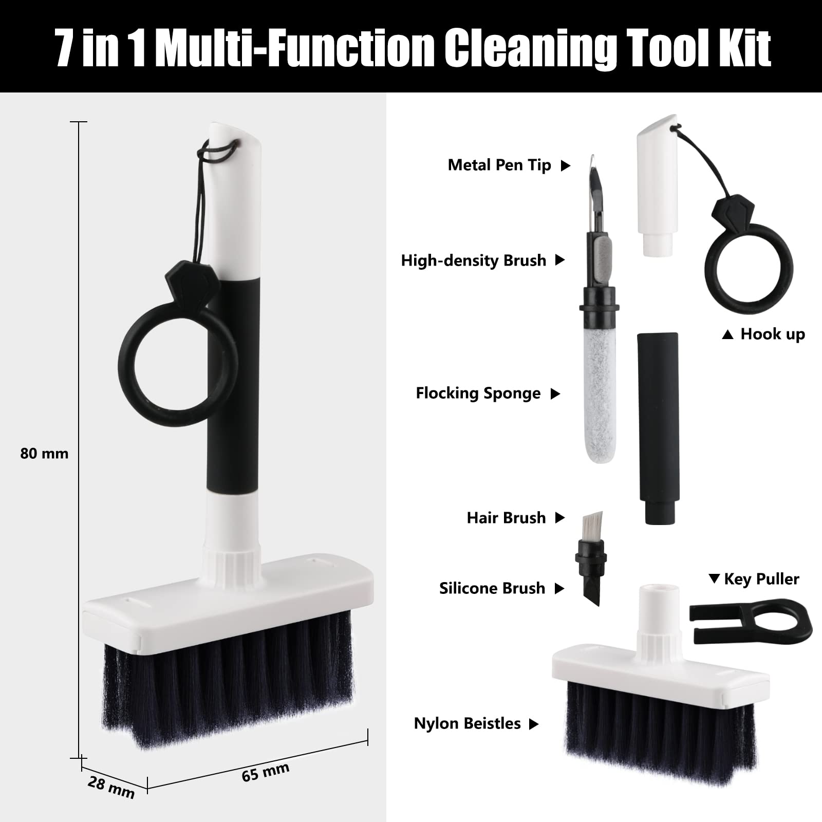 7-in-1 Soft Brush Keyboard Cleaner Kit - Computer Cleaning Tool with Microfiber Brush, Keycap Puller & Corner Duster for Laptop, Bluetooth Headset, AirPods, Lego, Camera Lens (Black) - Perfect for Office, Gaming & Electronics Maintenance