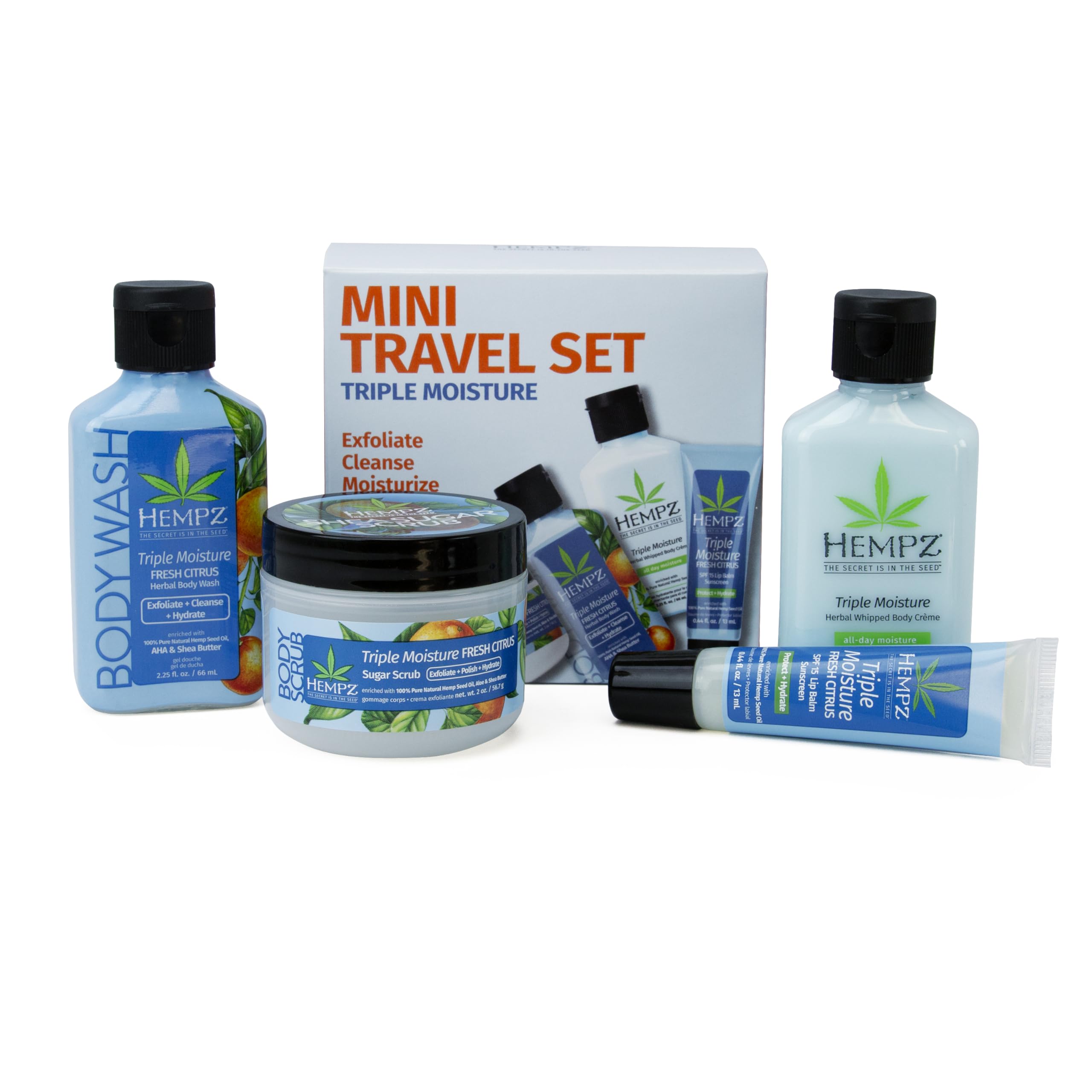 Hempz Mini Sweet Treats Travel Kit - 4 Piece Gift Set with Mini Body Wash, Body Lotion, Body Scrub & Lip Balm in Triple Moisture Scent | Perfect for Spa Day, Vacation & Gifts