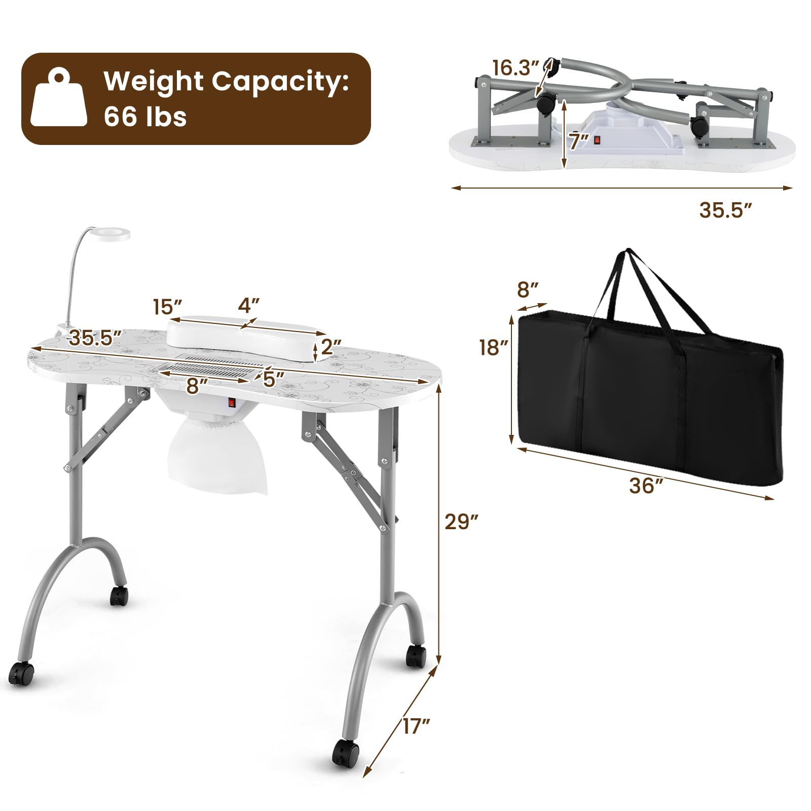 WELLHUT Professional Nail Table All-in-One Manicure Station with Electric Dust Collector, LED Nail Lamp, Carry Bag & Wrist Cushion - Mobile Nail Desk with Universal Mute Wheels for Home Spa, Beauty Salon & Professional Manicurists - Perfect for Nail Art, Gel Polish & Pedicure Services