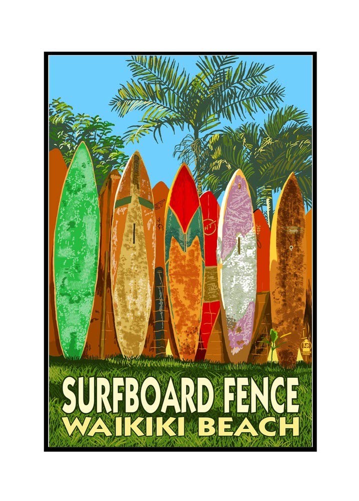 Hawaii Surfboard Fence Wall Art - 16x24 Stretched Canvas Print in Wooden Frame - Beach Decor for Living Room, Bedroom & Office