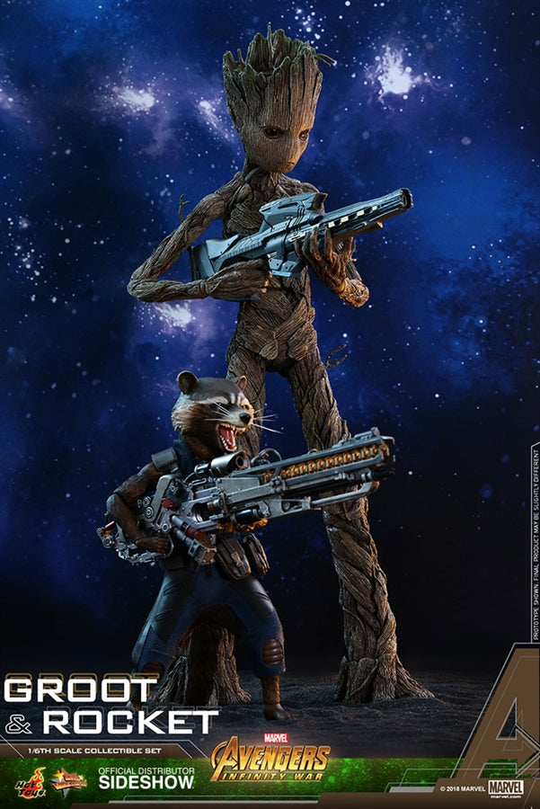 Hot Toys Marvel Avengers Infinity War Groot & Rocket 1/6 Scale Collectible Action Figure Set - Perfect for Marvel Fans, Collectors & Home Display