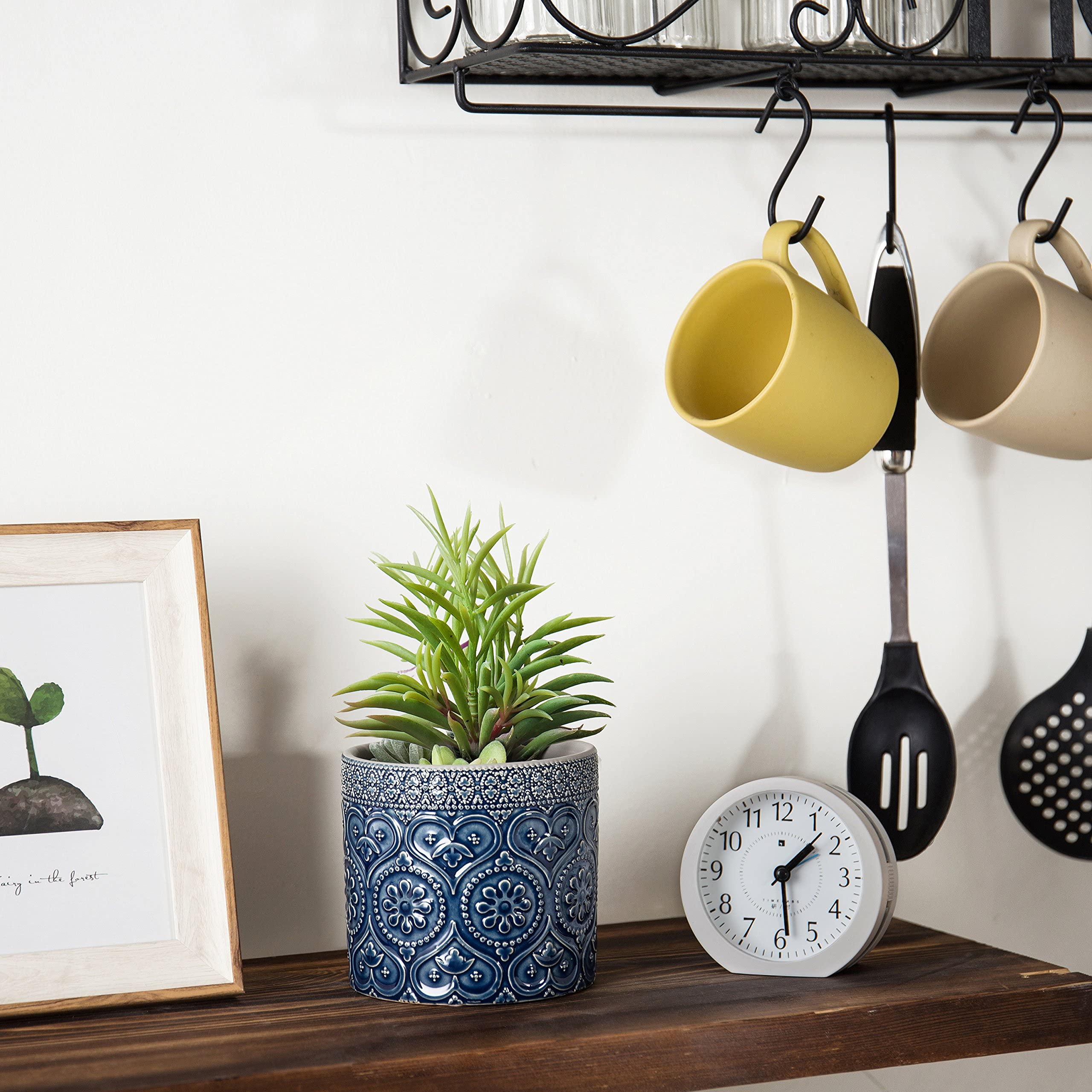 Set of 3 Artificial Plants with Clear Glass Pots & 2 Cobalt Blue Ceramic Succulent Planters - Faux Tabletop Greenery for Home Office Decor, Wedding Centerpieces, and Shelf Displays