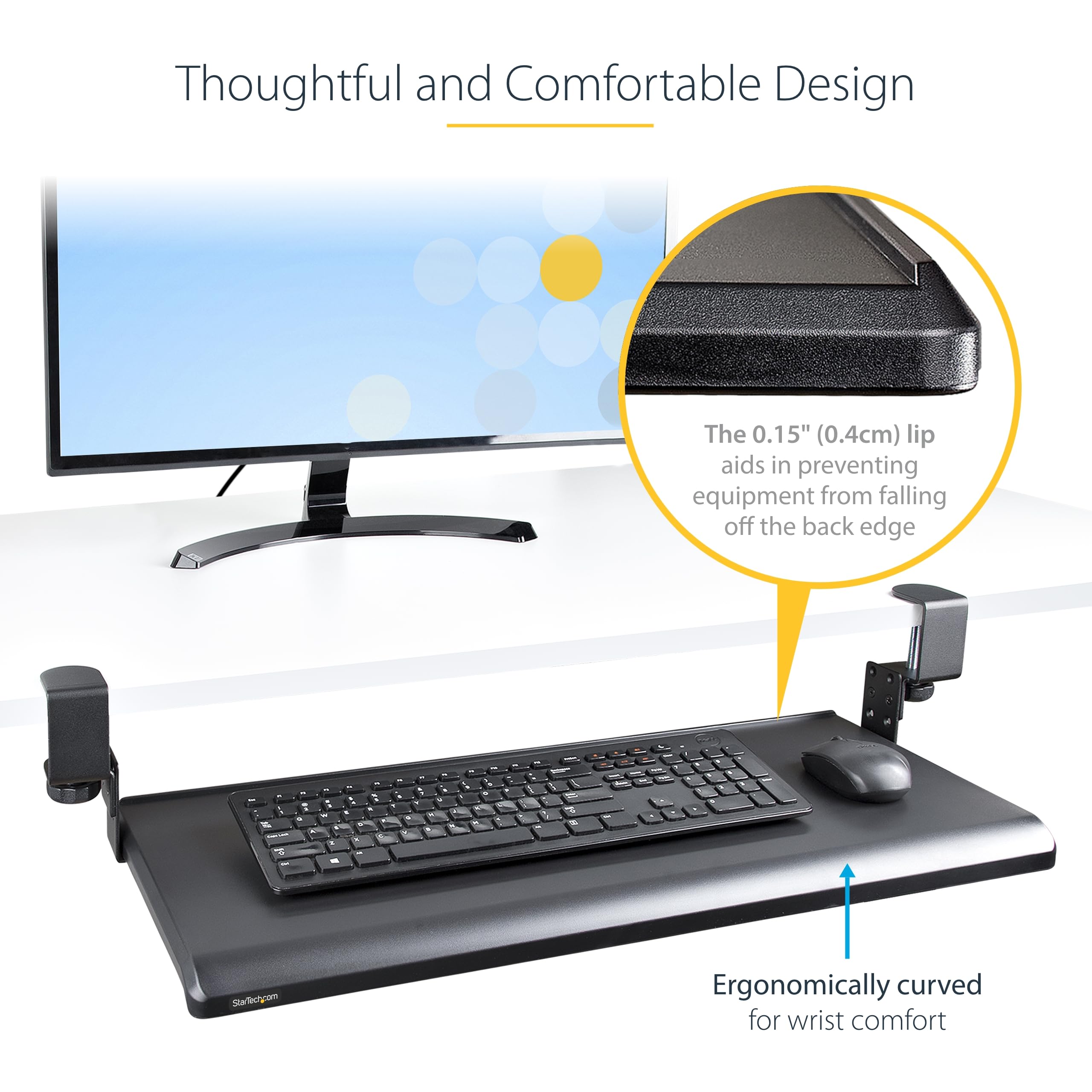 StarTech.com Under Desk Keyboard Tray - Ergonomic Clamp-On Keyboard Holder with Adjustable Height & Sliding Drawer for Mouse (Supports Up to 26.5lbs/12kg) | Perfect for Home Office, Gaming Setup & Workspace Organization | TAA Compliant