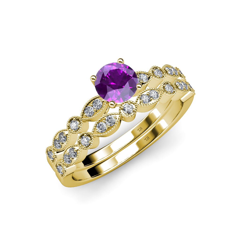 1.20ctw Amethyst & Diamond Marquise Dot Engagement Ring & Wedding Band Set in 14K Yellow Gold | Elegant Bridal Jewelry for Proposals & Anniversaries