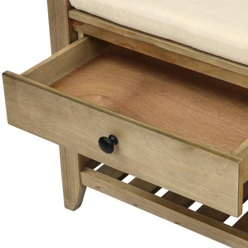 Wooden Shoe Storage Bench with 2 Drawers & Shelf - Gray Wash Entryway Organizer with Cushioned Seat - Perfect for Mudroom, Hallway & Closet Organization