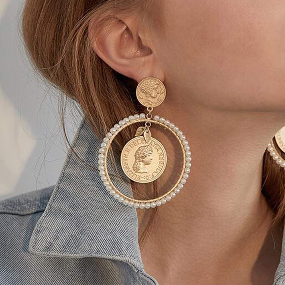 JWICOS Double Coins Dangle Hoop Earrings for Women - Vintage Baroque Pearl Drop Beads Chain Ear Cuff with Metal Leaves | Perfect for Parties, Weddings & Everyday Fashion Accessories