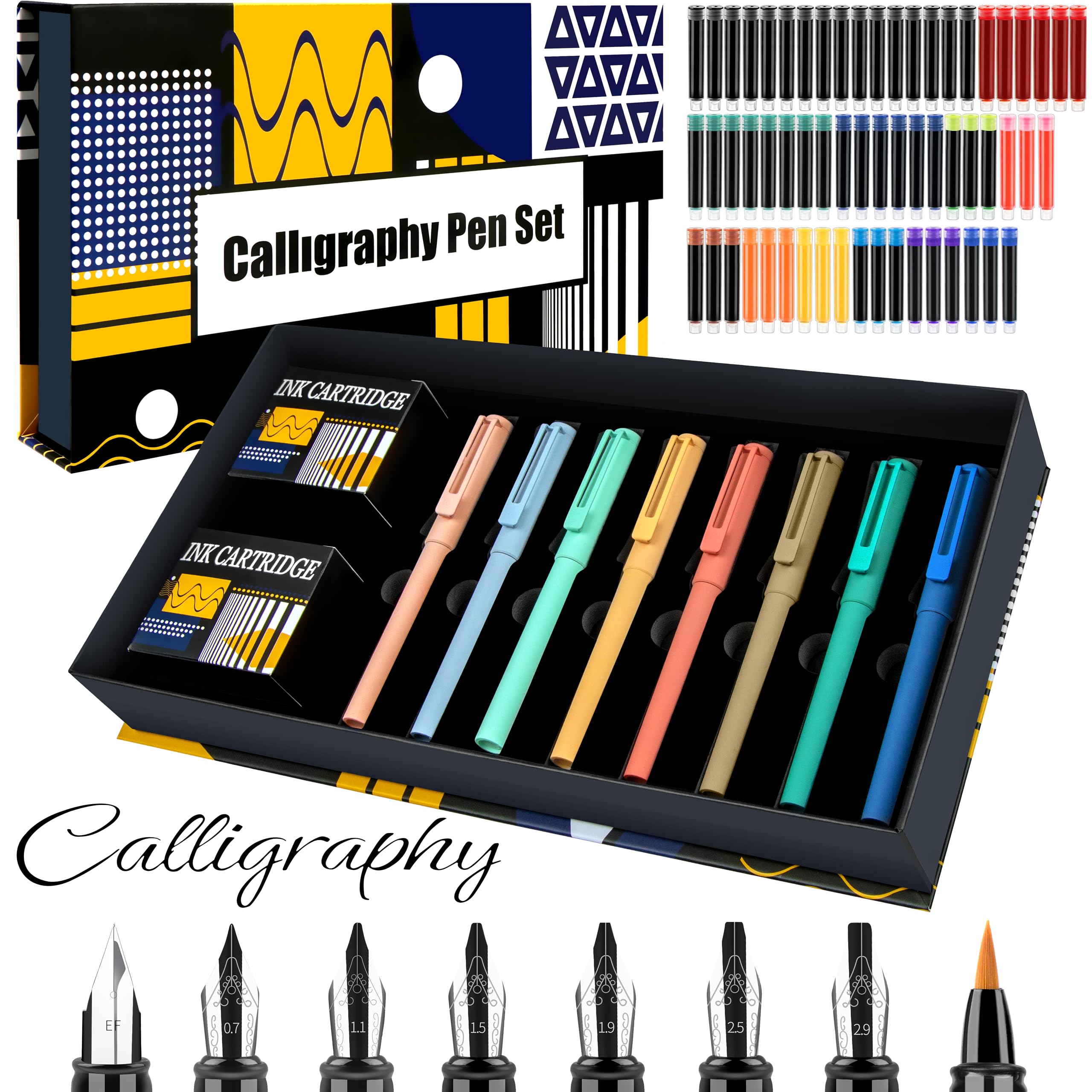 Premium Calligraphy Pen Set with 8 Nib Sizes & 60 Ink Cartridges (12 Colors) - Ideal for Beginners, Writing Practice, Art Drawing, Wedding Invitations & DIY Craft Projects