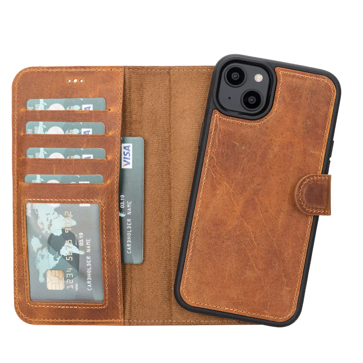 Premium Camel Brown Genuine Leather Wallet Case for iPhone 14 Plus - Slim Protective Cover with Card Slots | Perfect for Everyday Use, Travel & Business
