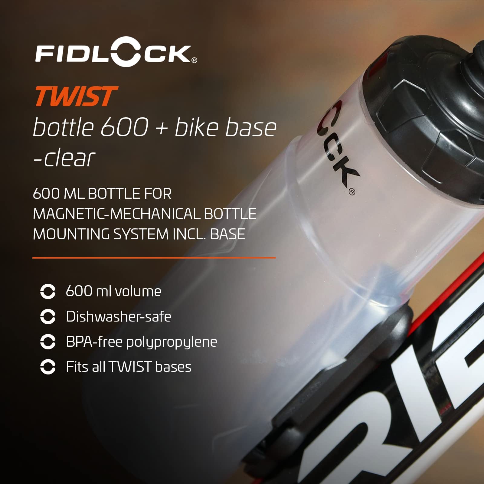 FIDLOCK Twist Bottle 600ml Set - Magnetic Bike Water Bottle Holder with Cage-Free Design | Secure Twist Connector & Base Mount | Perfect for Road Bikes, Mountain Biking & Outdoor Cycling | Clear