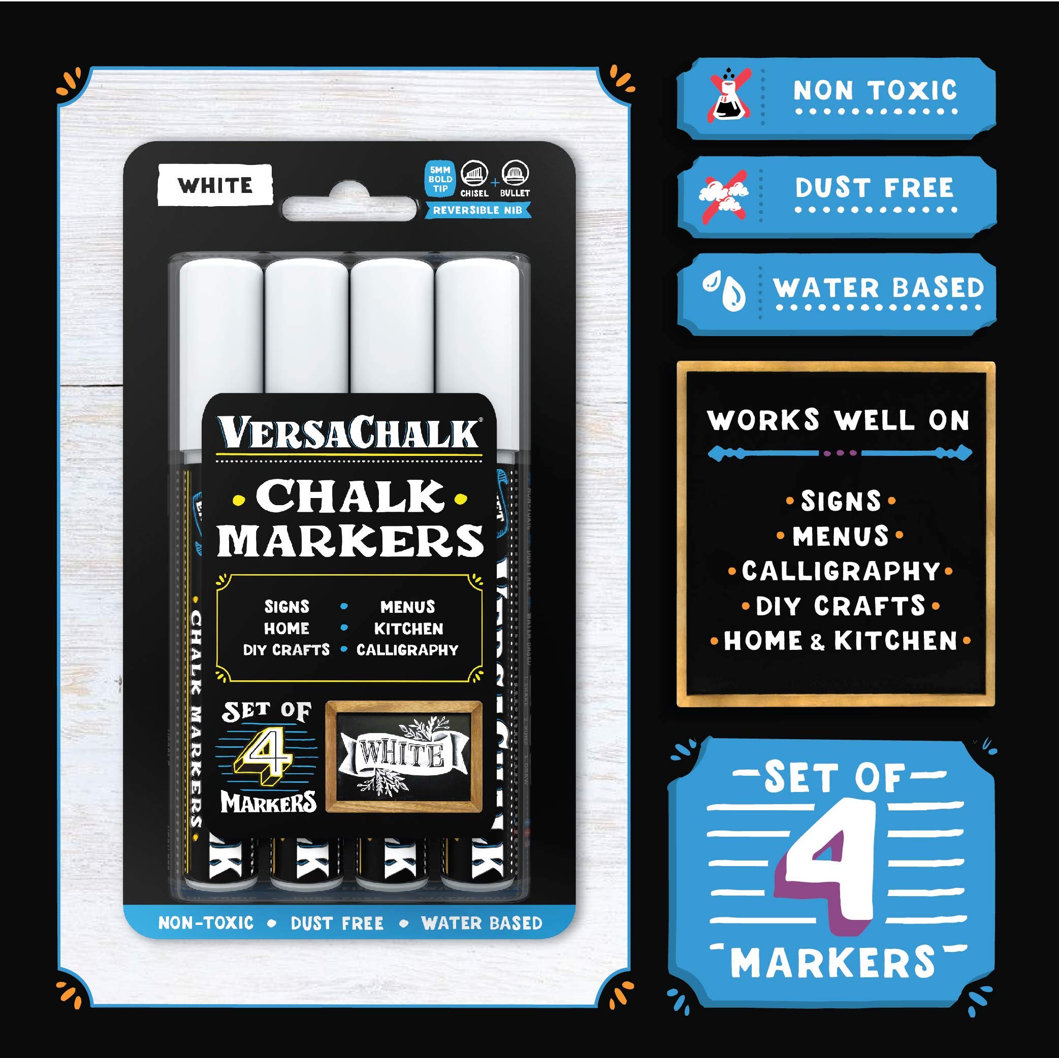 **VersaChalk White Chalkboard Markers - Wet Erase Dustless Chalk Paint Pens for Blackboard, Whiteboard, Signs & Menus (Bold 5mm Tip, 4-Pack) - Perfect for Restaurants, Cafes, Classrooms & Home Decor**