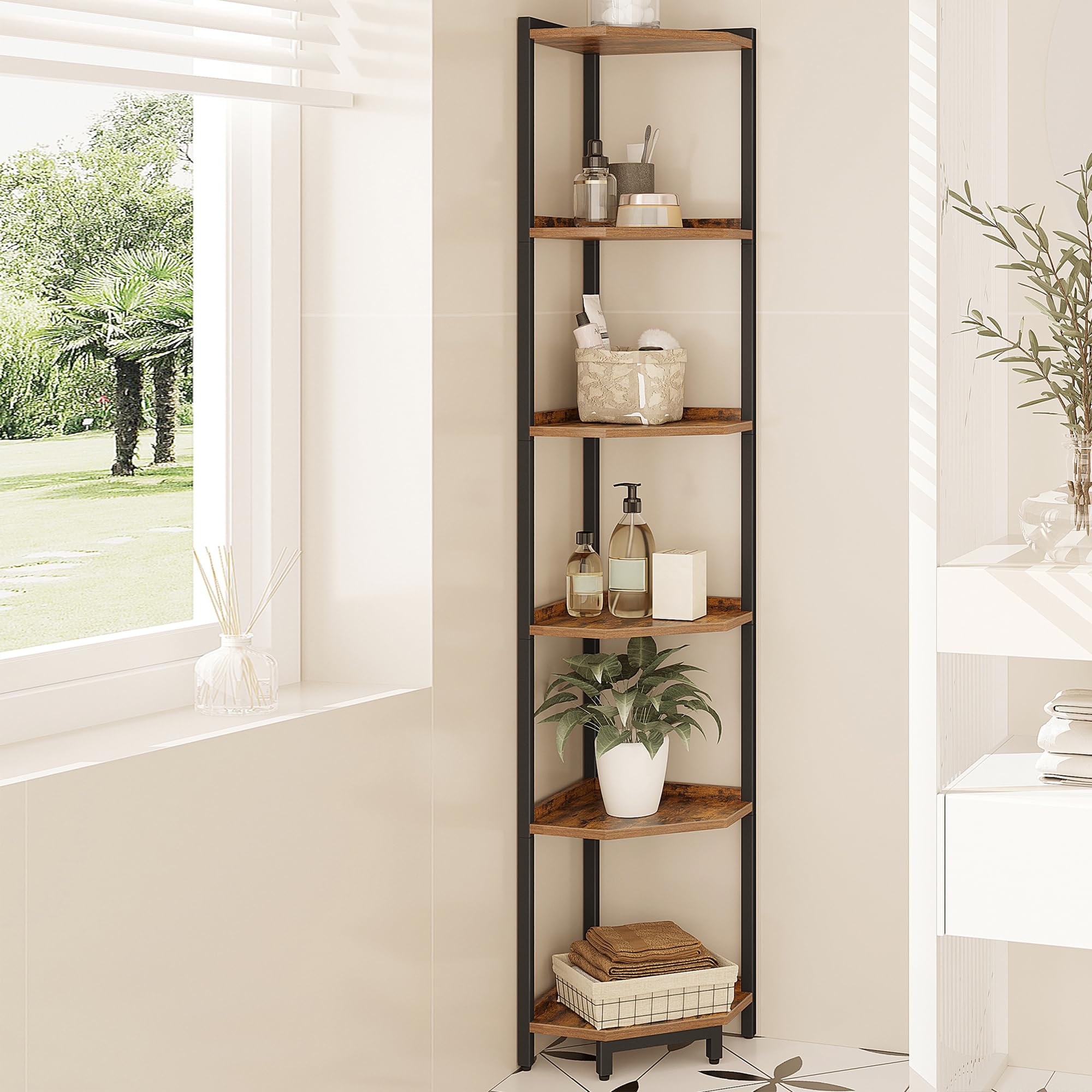 6-Tier Rustic Brown Corner Shelf Stand - Metal Frame Storage Bookcase for Living Room, Home Office & Bedroom | Perfect for Plants, Books & Home Decor Organization