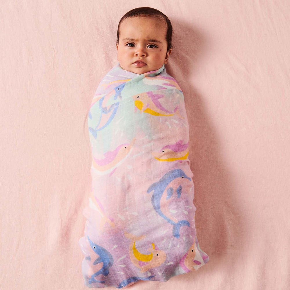 Dolphin Magic Bamboo Swaddle Blanket - Soft & Breathable Baby Wrap for Newborns - Perfect for Sleeping, Swaddling & Comfort - One Size Fits All (0-6 Months)