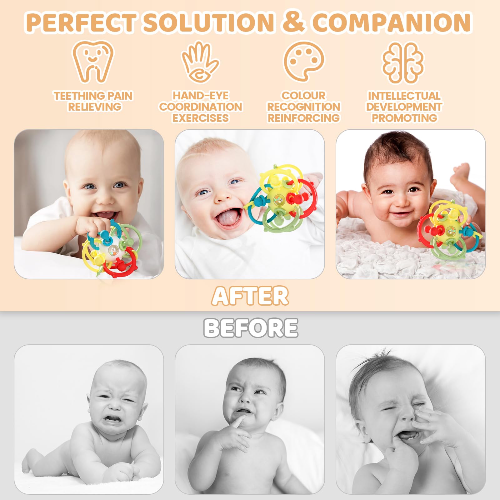 Orzbow Baby Rattle & Sensory Teething Toys for Infants 3-12 Months - Montessori Teether for Soothing Gums, Educational Chew Toy for Toddlers to Stimulate Development - Perfect for Playtime, Travel & Early Learning Activities