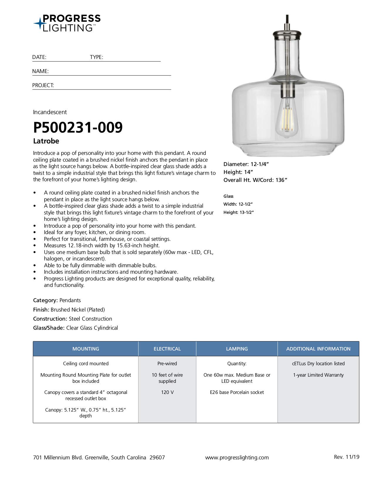 Latrobe Collection 1-Light Clear Glass Coastal Pendant Light with Brushed Nickel Finish - Perfect for Kitchen Island, Dining Room, and Beach House Decor