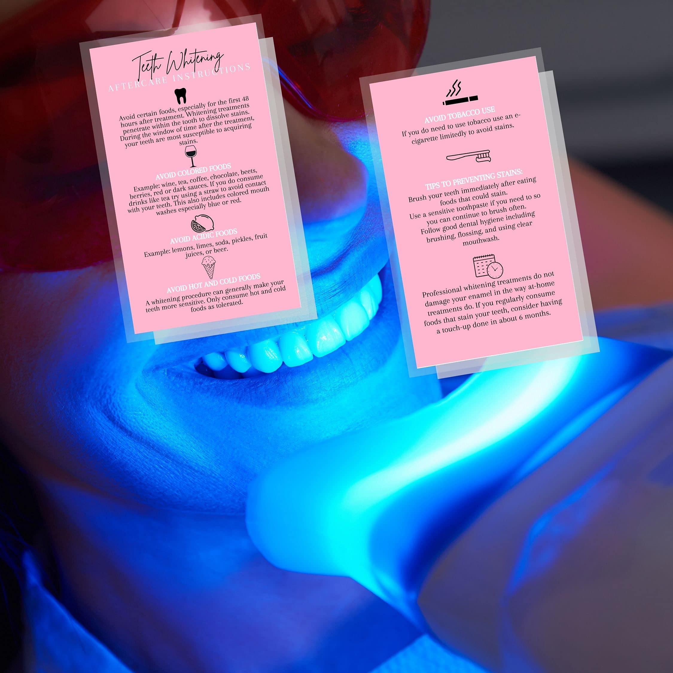Premium Teeth Whitening Aftercare Instruction Cards - 50 Pack | 2x3.5 Inch Business Card Size | Pink Wallet-Friendly Design | Perfect for Dental Clinics, Salons & Home Whitening Kits