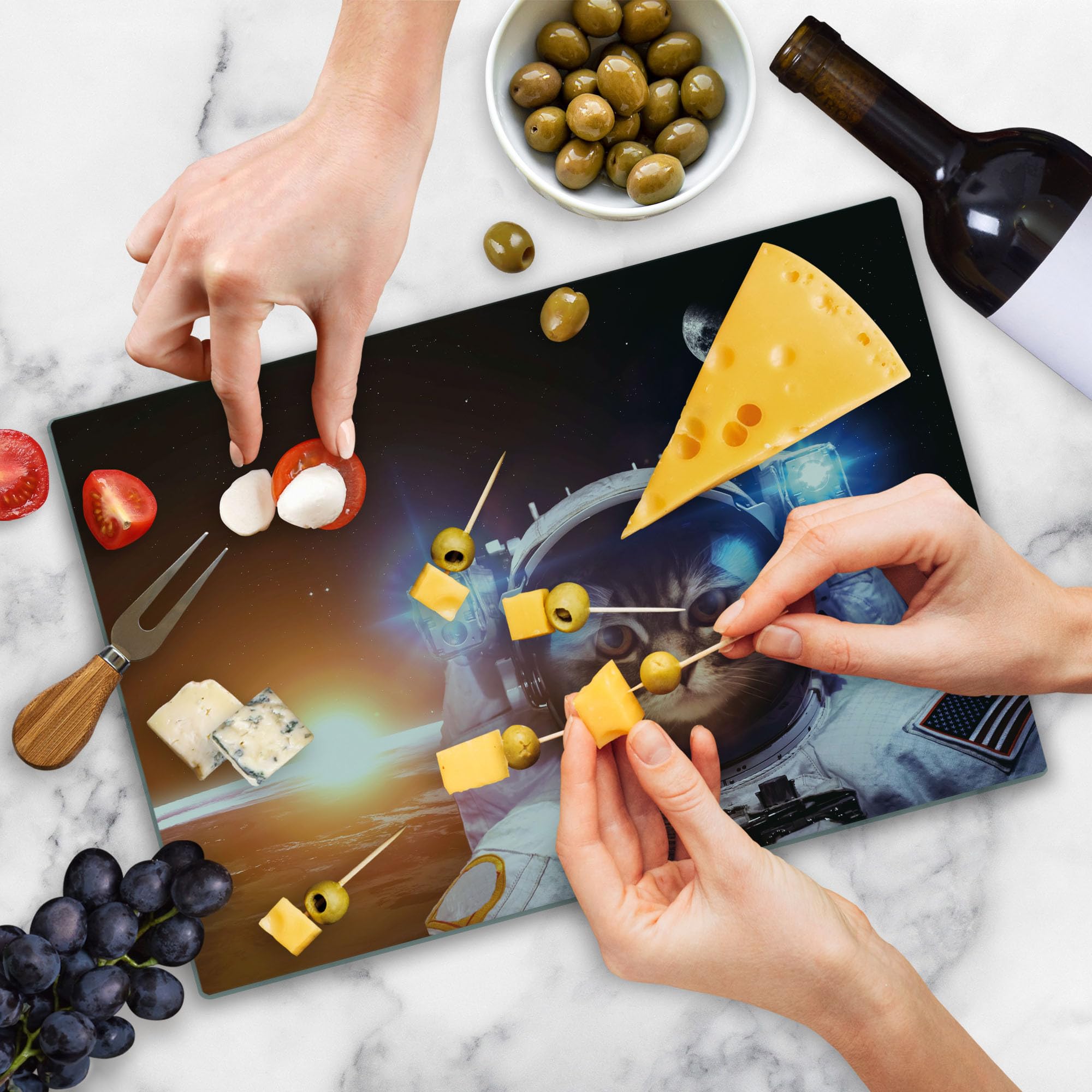 Ambesonne Space Cat Tempered Glass Cutting Board - Large Kitten in Space Suit with Sun, Lunar Eclipse & Stars Design - White, Orange & Dark Blue Decorative Serving Board for Kitchen, Dining & Gifts