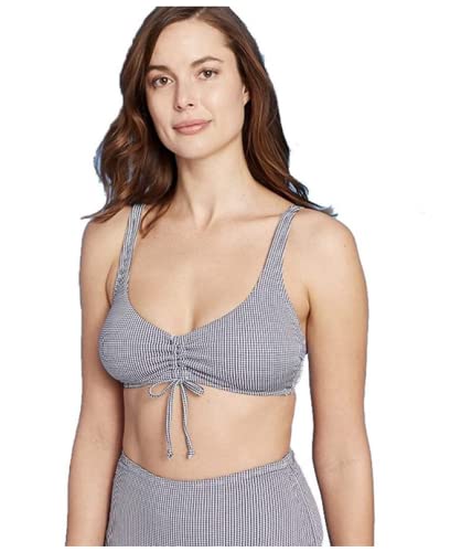 Kona Sol Women's Gingham Print Cinch Front Bikini Top - Navy Blue Swimwear for Beach, Pool & Summer Vacation
