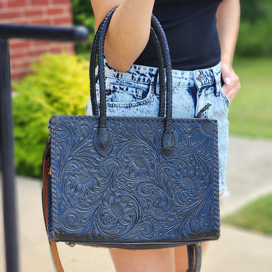 American Darling Black Fully Tooled Leather Tote Bag for Women - Stylish Work & Travel Handbag for Office, Commute & Weekend Outings